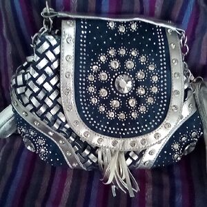 Embellished Blue  and Silver Shoulder Bag with Rhinestone Detail Denim Material